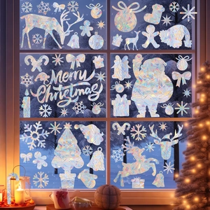 Close-up of holographic Christmas window stickers with iridescent reindeer and snowflake patterns