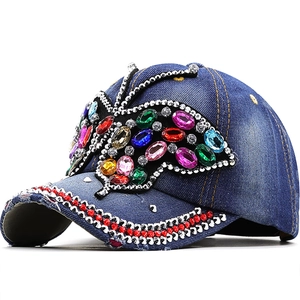 Women Baseball Cap Fashion Large Butterfly Rhinestone Bling Cotton Adjustable Breathable Outdoor Sunshade Hat