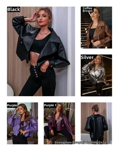 Détails du blouson biker en similicuir montrant divers coloris comme noir, marron et violet
