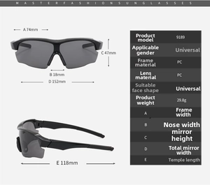 Detailed size chart for sports sunglasses showing lens width and frame dimensions