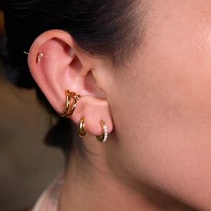 Ensemble de boucles d'oreilles dorées en acier avec cristaux sur l'oreille