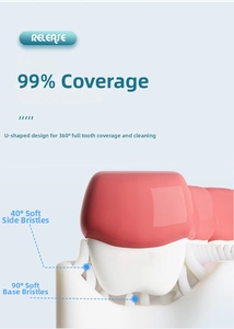 Detail of U-shaped kids toothbrush with 40-degree side and 90-degree bottom bristles