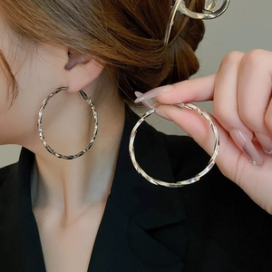 Close-up of silver-tone twisted oval hoop earring showing detailed spiral texture