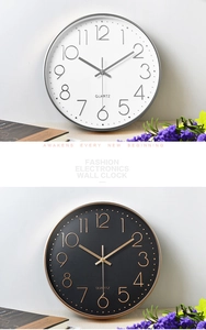 Detail of 14-inch silent quartz wall clocks in black and white minimalist styles
