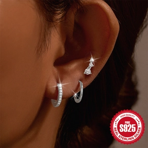 Classic S925 sterling silver hoop earrings set with micro-inlaid stones for women