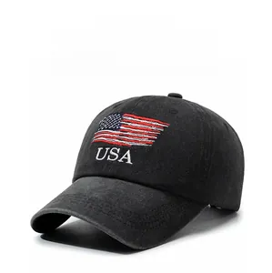 Detailed embroidery of USA text and American flag on vintage washed black cotton baseball cap