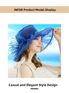 Detail of royal blue organza wide-brim sun hat with large floral decoration