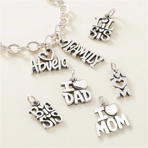 Silver stainless steel family charms collection featuring Mom, Dad, and Sis on a bracelet