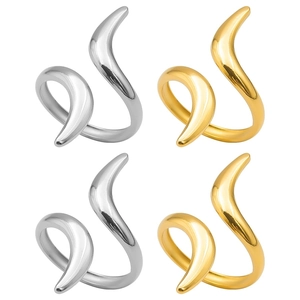 Polished stainless steel open rings in gold and silver with fluid wave designs