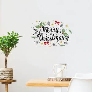 Merry Christmas wall decal with red bows and green leaves on a clean white wall