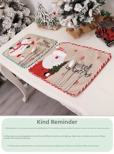 Detail of Christmas burlap placemat featuring Santa Claus and snowman embroidery
