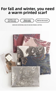 Detail of five winter paisley scarves in red, pink, cream, navy, and grey with fringes