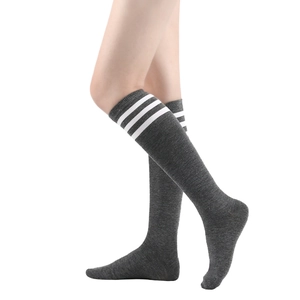 Close-up of dark grey knee-high socks with three white stripes in JK style