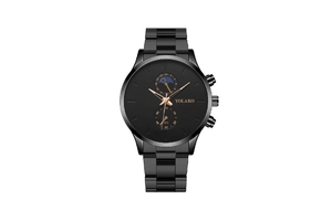 Detail of Yolako men's watch with black moon phase dial and rose gold hands