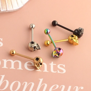 3D skull head tongue rings in 14g stainless steel with multi-color barbell options