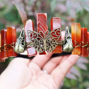 Handmade red crystal headband with antique bronze butterfly and viking raven skulls