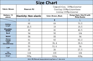 Detailed size chart for slim fit PU leather blazer with metal buttons and fabric data