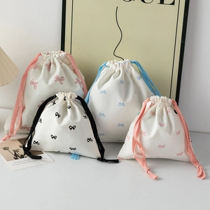 Canvas Drawstring Storage Bag Cute Bowknot Print Makeup Pouch Portable Travel Desktop Organizer For Jewelry Gifts Sweet