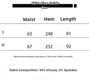 Size chart for irregular zen-style skirt detailing waist and length measurements