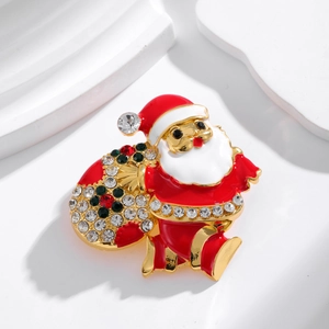 Broche Père Noël scintillante avec strass colorés et finition en émail rouge