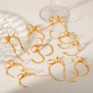 Bow Stud Earrings 18K Gold Plated Stainless Steel Snake Bone Chain Long Ribbon Tassel Fashion For Women