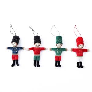 Set of 4 Nutcracker soldier plush Christmas ornaments in red, blue and green fabric