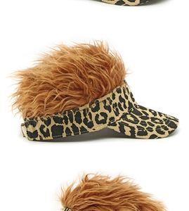 Close-up of leopard print visor cap featuring fluffy brown synthetic wig hair on top