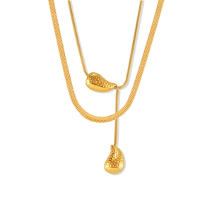 Dual layer 18k gold plated stainless steel necklace with textured water drop pendants