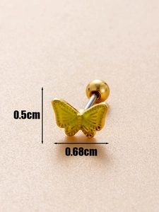 Macro view of golden butterfly ear stud with yellow oil drip finish and size dimensions