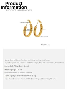 Detail view of 30mm gold titanium earrings with rainbow cubic zirconia and size specs