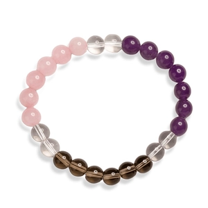 Macro shot of colorful natural stone beads like rose quartz and amethyst on white background