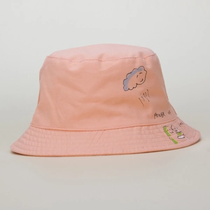 Detail of pink cotton bucket hat with hand-drawn cloud pattern and Power of Love text