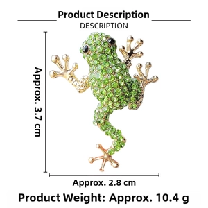 Green rhinestone frog brooch size details showing 3.7cm height and 2.8cm width
