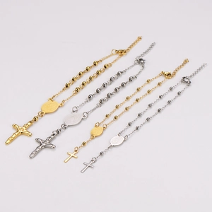 18k gold and silver plated stainless steel bead bracelet with religious cross medal