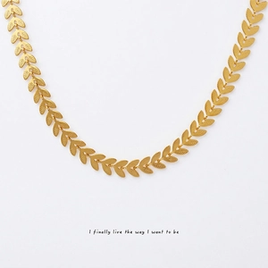 Stainless Steel Leaf Link Necklace 18K Gold Plated Wheat Spike Elegant Choker For Women
