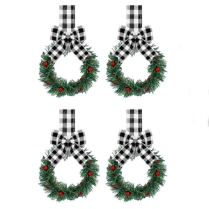 Set of four mini Christmas cabinet wreaths with pine needles, red berries and plaid ribbons