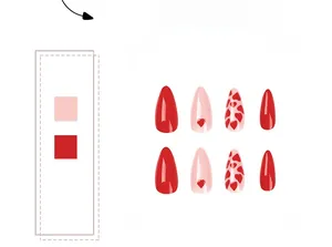 Detail of red and pink almond press-on nails with glossy finish and heart patterns