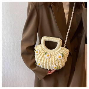 Handmade woven gardenia shell bag in beige with daisy decor and pearl chain strap