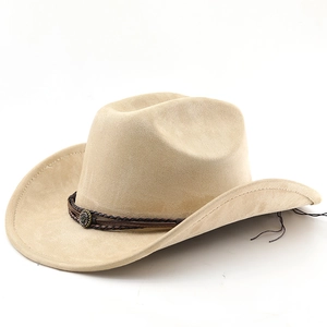 Detail of tan suede cowboy hat featuring woven leather band and vintage metal buckle