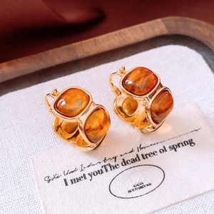 Detail view of retro gold earrings with amber resin square pendants on French card