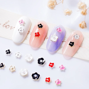 Mini 3D alloy flower nail charms with pearls and colorful enamel for DIY manicure