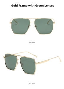 Front and side view of gold double bridge polygonal polarized sunglasses with green lenses