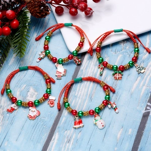 Christmas Woven Rope Bracelet Adjustable Alloy Enamel Santa Snowman Gift Box Charms Red Green Beads Holiday Jewelry
