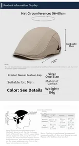 Size chart showing 56-60cm circumference and measurements for the cotton beret hat