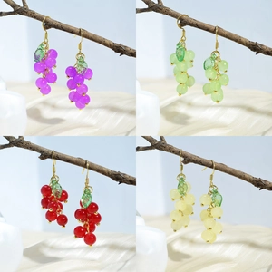 Elegant grape cluster tassel drop earrings shown in purple, green, red, and yellow colors