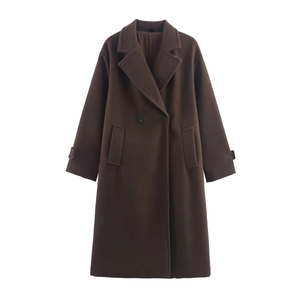 Women's 2025 winter dark brown double-breasted wool blend long coat with notch lapels
