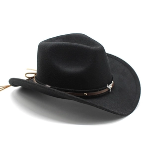 Classic black wool western cowboy hat with brown leather band and silver bull head emblem