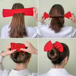 Four-step guide showing how to use a red bow hair bun maker for a neat hairstyle