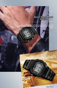 Detail of square waterproof sports watch with digital display and black resin strap