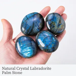 Natural Labradorite Crystal Palm Stone Polished Healing Mineral Specimen Blue Flash Moonstone Yoga Decoration Ornament